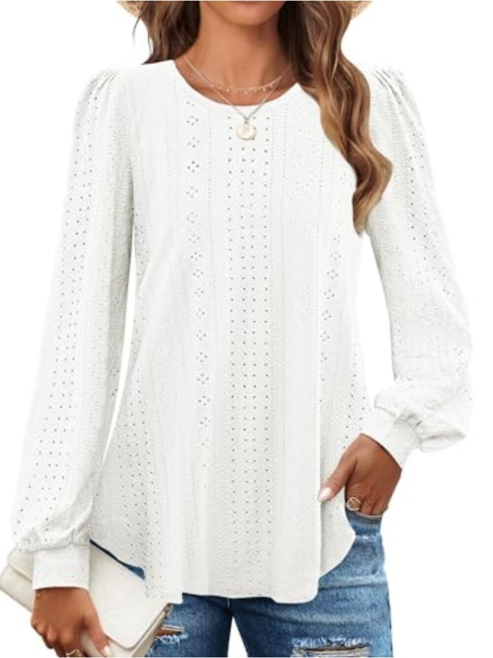 ZESICA Womens Eyelet Long Sleeve Crew Neck Loose Casual Blouse